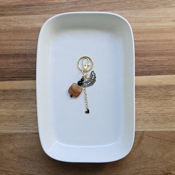 Brown Stone Beaded Keychain with Enamel Butterfly and Black Heart Charm - Picture 6 of 8